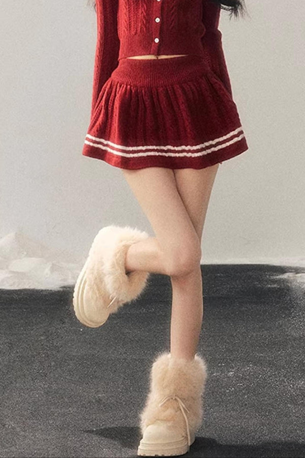 Red Evening Breeze Knitted Sweater Set-Up