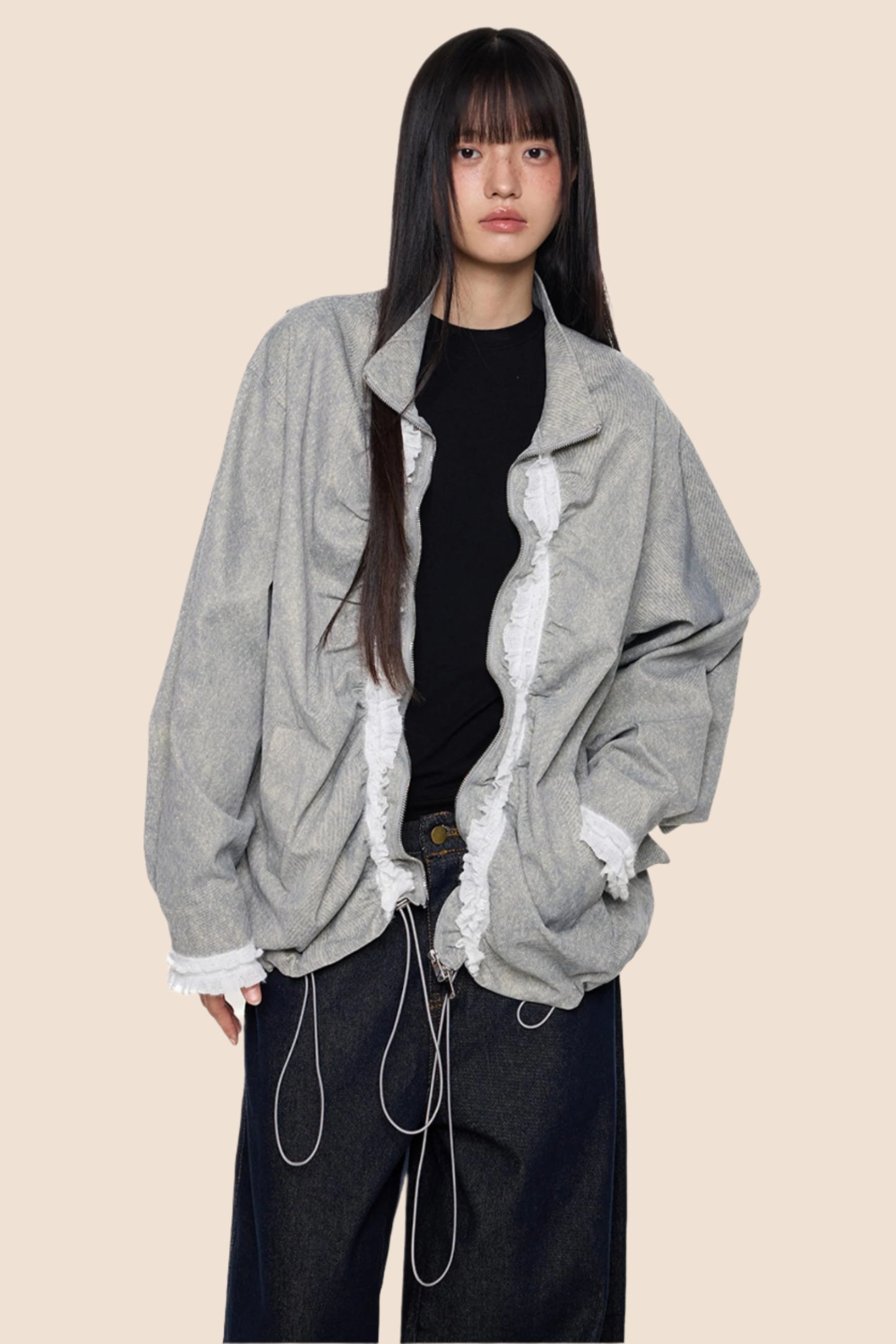 Loose Fit Pleated Lace Zip Jacket