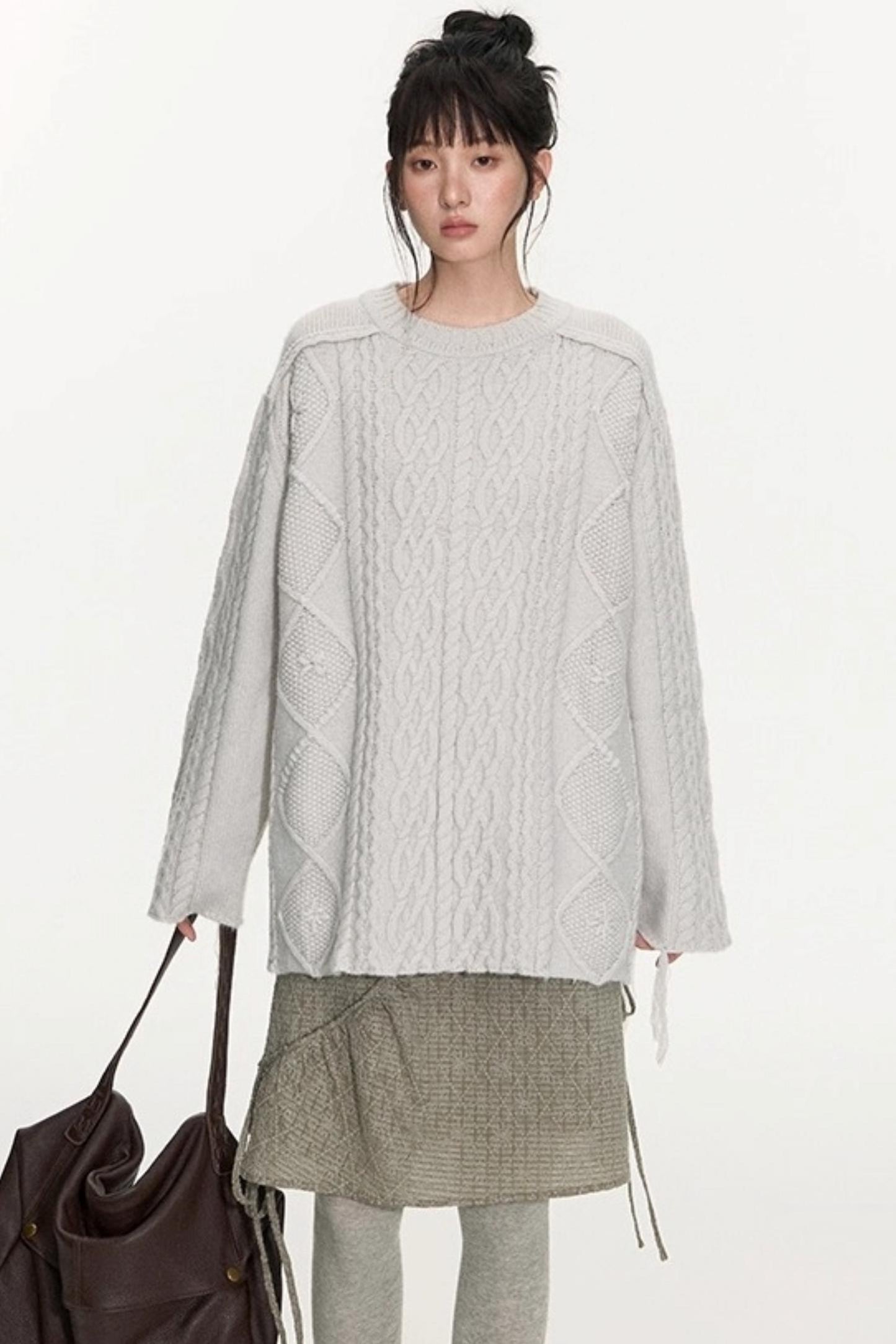 Crew Neck Crochet Cable Knit Sweater