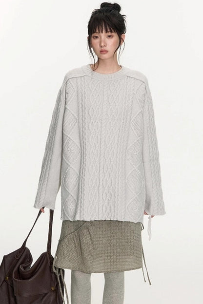 Crew Neck Crochet Cable Knit Sweater