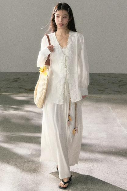 V-Neck Lace Tie Cardigan