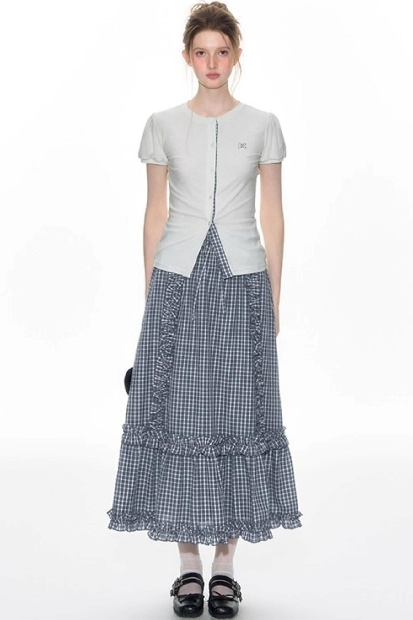 Original Slim Short Sleeve  Plaid Panelled Skirt Set-Up