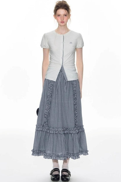 Original Slim Short Sleeve  Plaid Panelled Skirt Set-Up