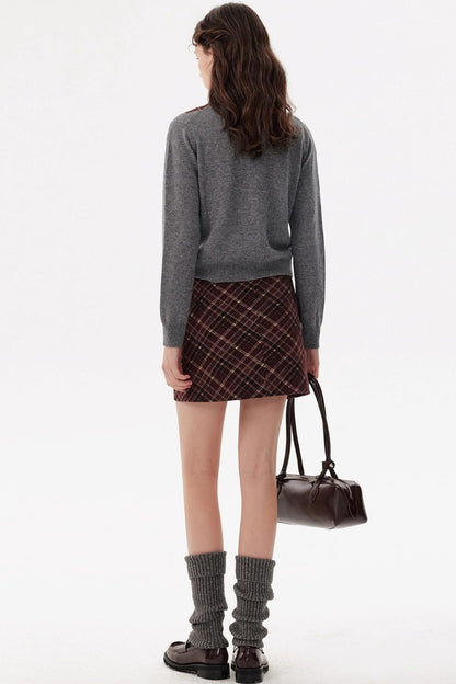 Vintage Red Plaid Woolen A-Line Skirt