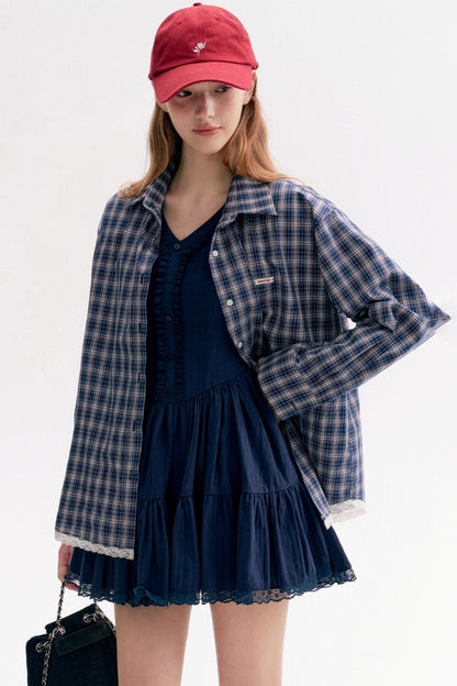 Lace Panel Check Loose Shirt Set-Up