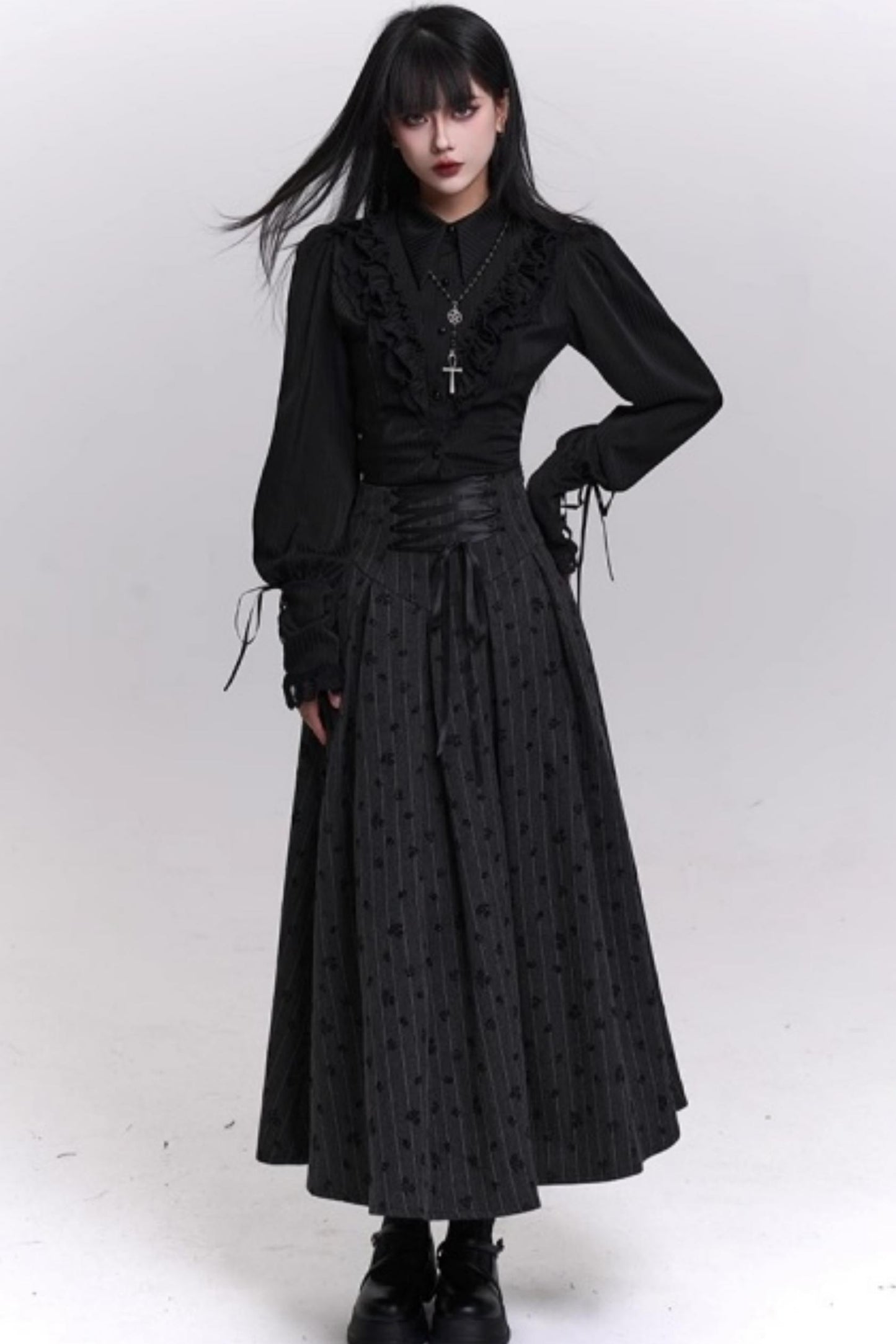 Gray Striped A-Line Skirt