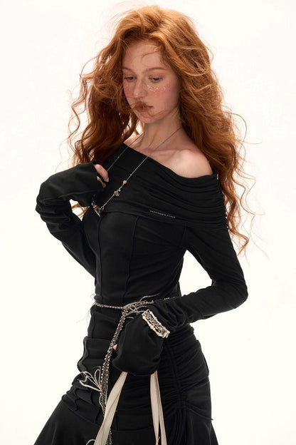 Slanted Pleated French Waist Long Sleeve Midi Dress