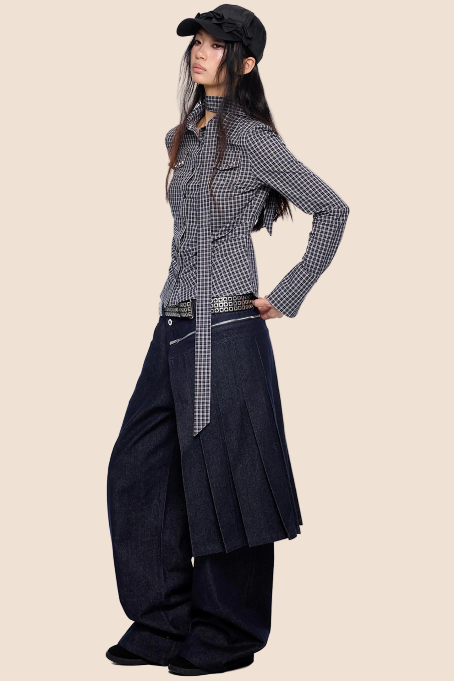 Detachable Pleated Denim Skirt Pants