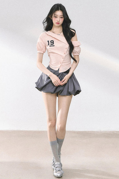 Pink Off Shoulder Stripe T-Shirt