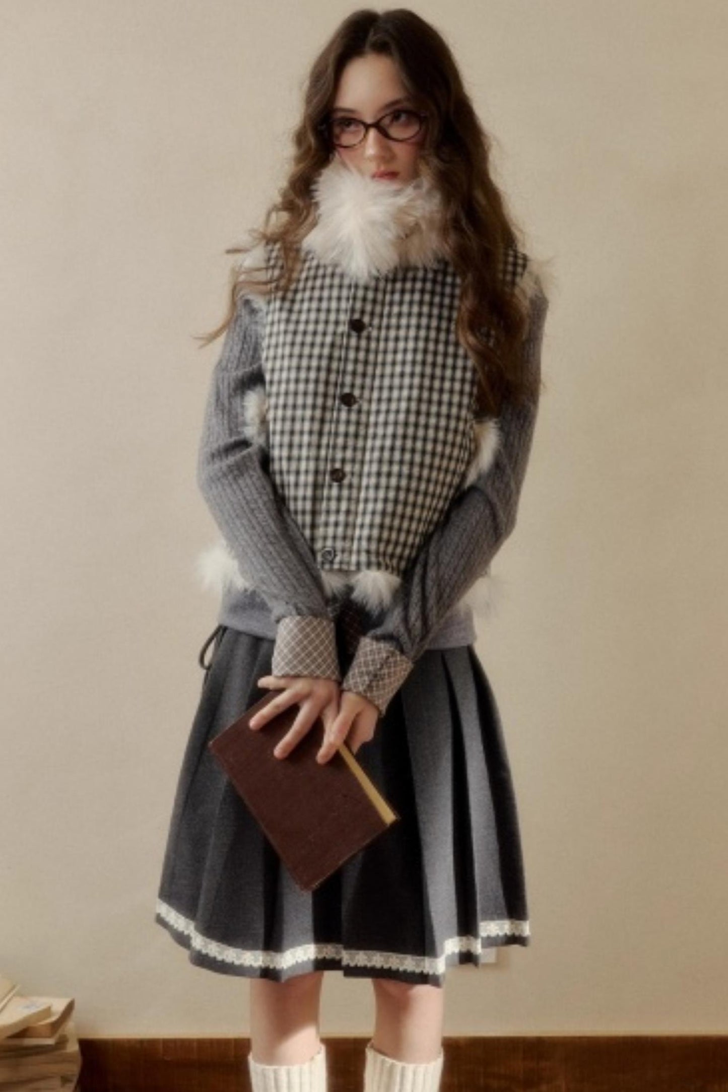 Polka Dot Plaid Fur Coat