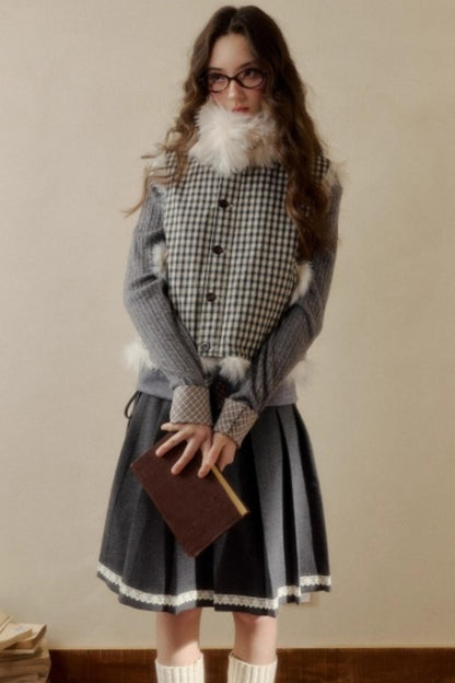 Polka Dot Plaid Fur Coat