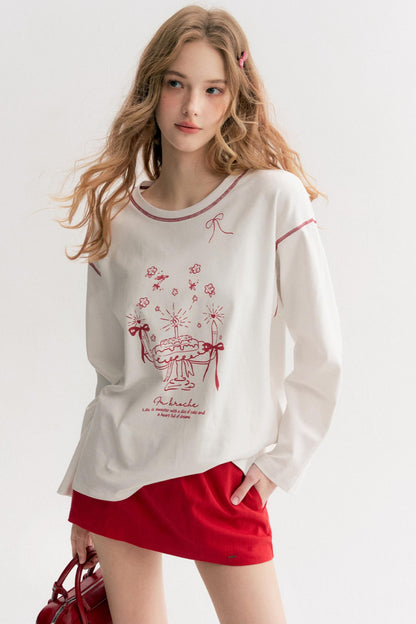 Lazy Cake Print Long-Sleeved T-Shirt