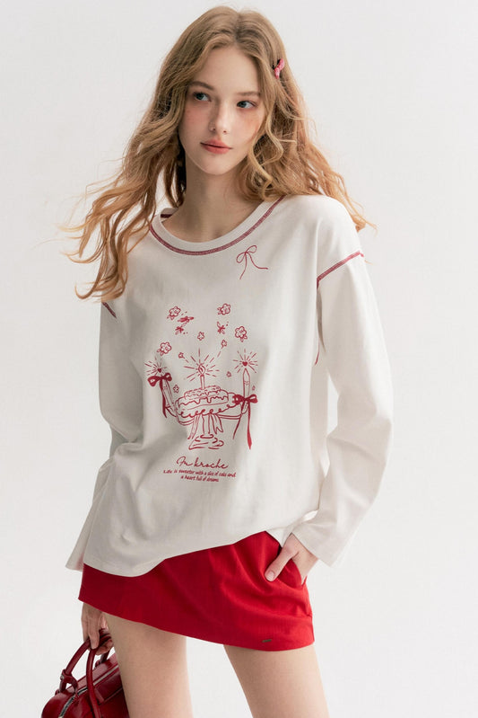 Lazy Cake Print Long-Sleeved T-Shirt