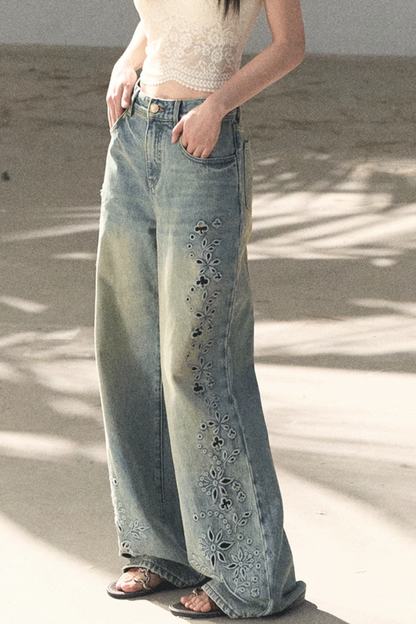 Laser Embroidery Distressed Jeans