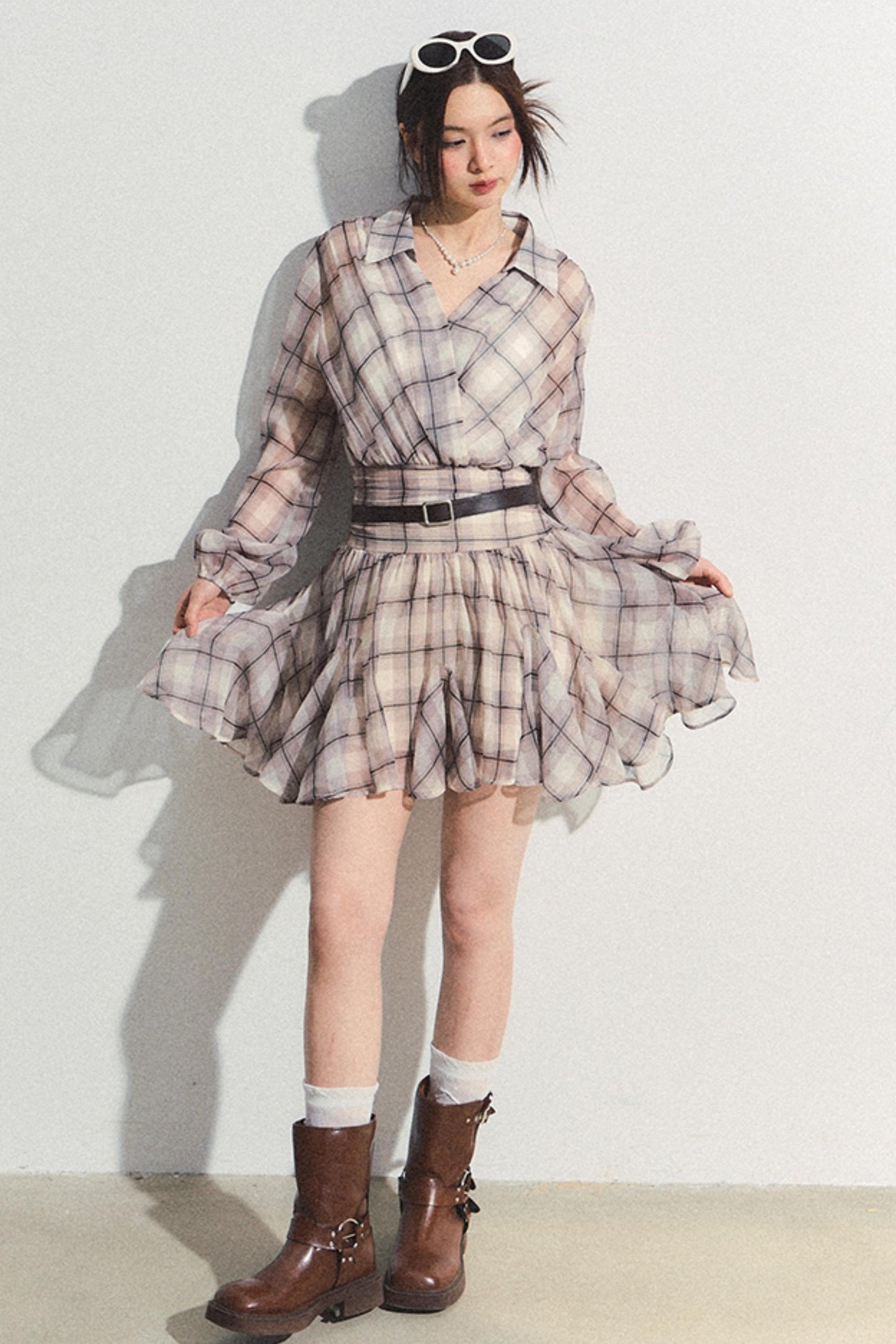 Recoin Sheer Plaid Ruffle A-Line Dress