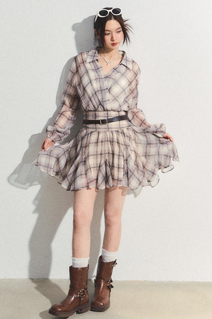 Recoin Sheer Plaid Ruffle A-Line Dress