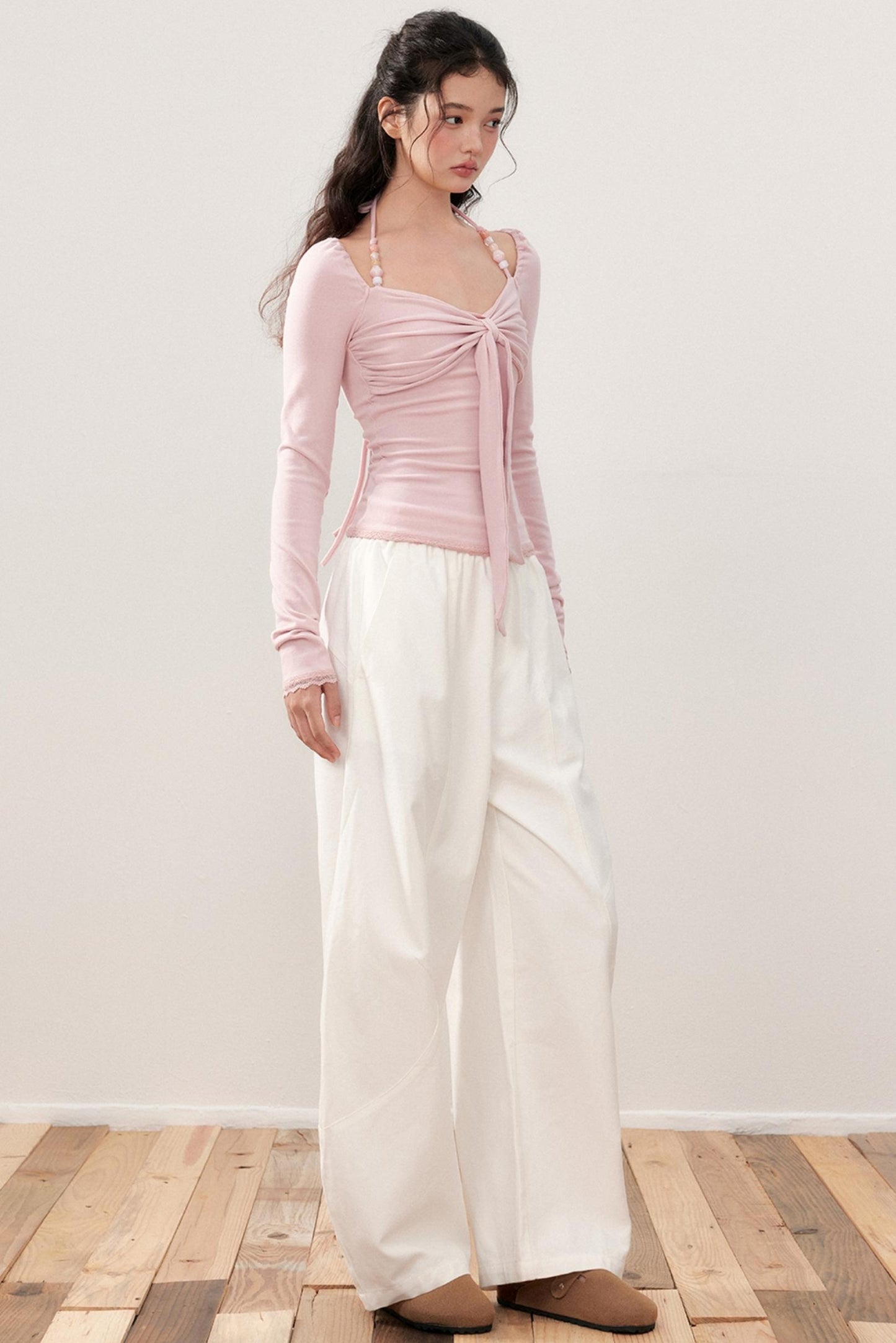 Pleated Bow Beaded Halterneck Top