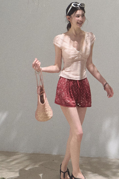 Fuzzy Lace V-Neck Tie Top