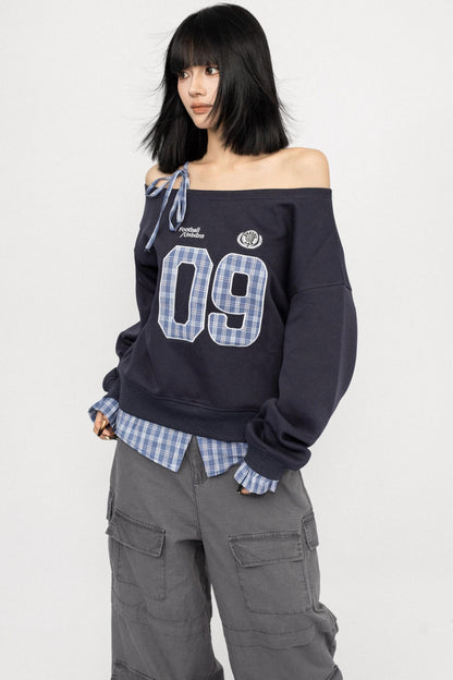 Vintage Plaid One-Shoulder Sweatshirt