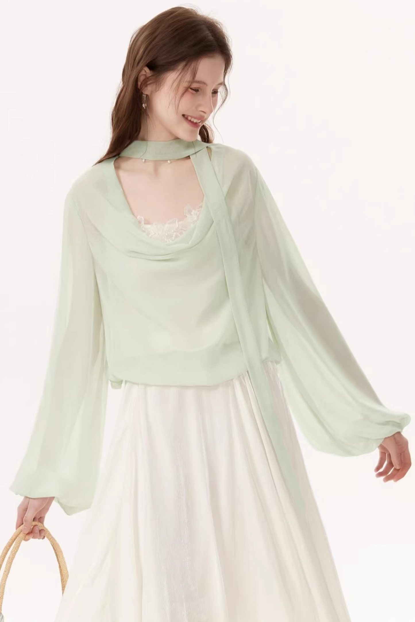 Lantern Sleeve Ribbon Blouse