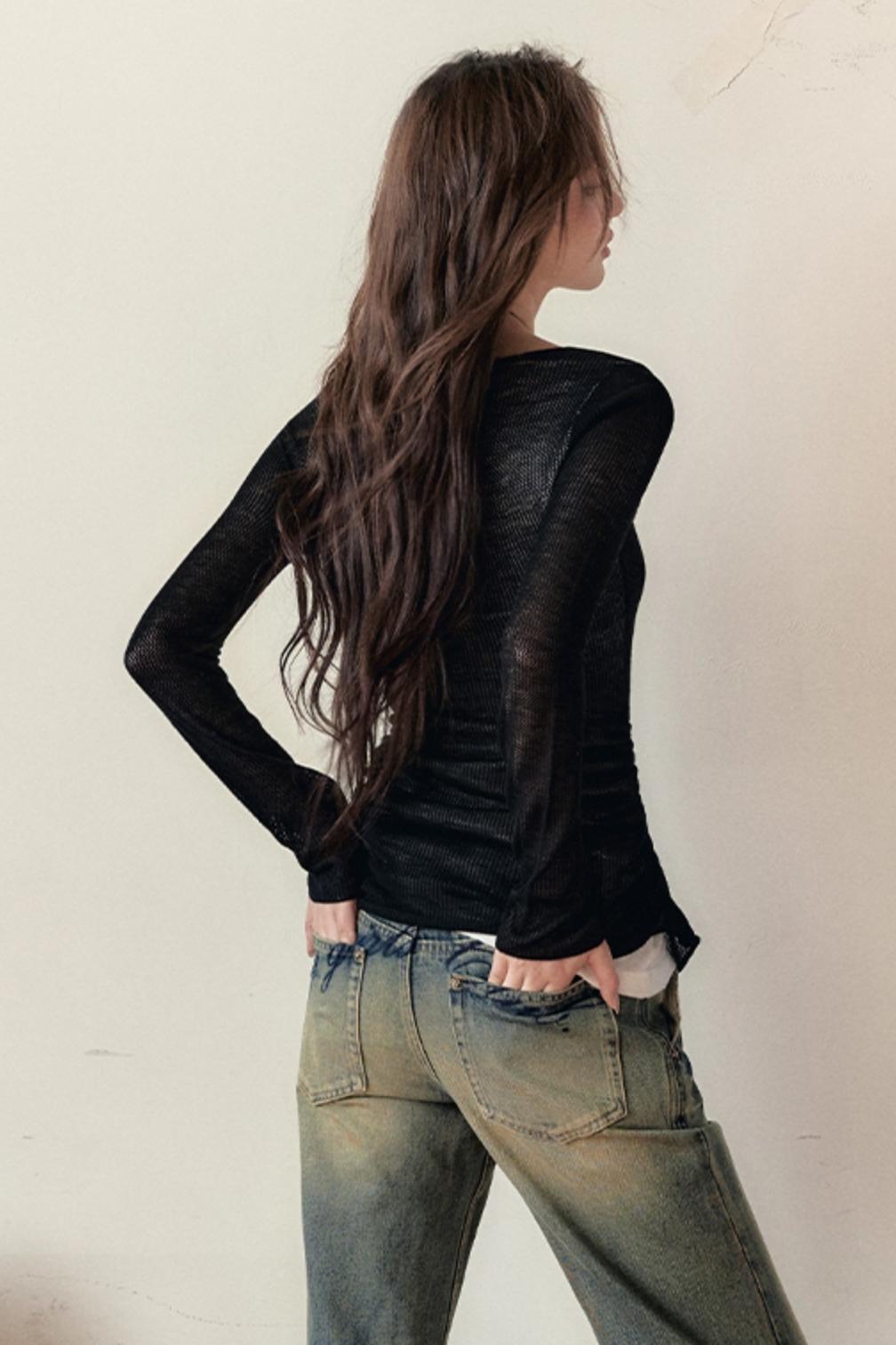 Black Mesh Design Long Sleeve Top