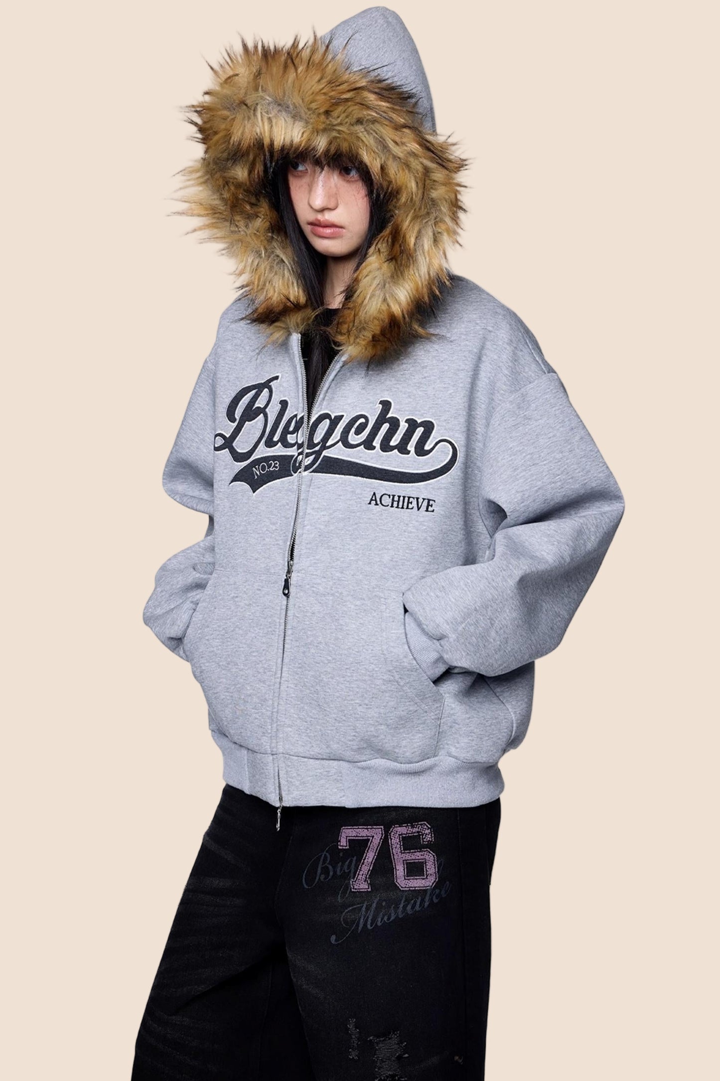 Embroidered Fur Collar Hooded Cardigan