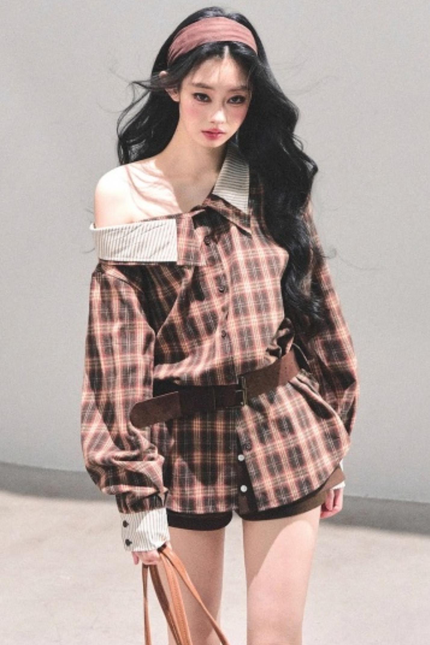 Off-Shoulder Plaid Shirt