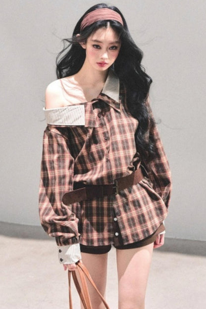 Off-Shoulder Plaid Shirt