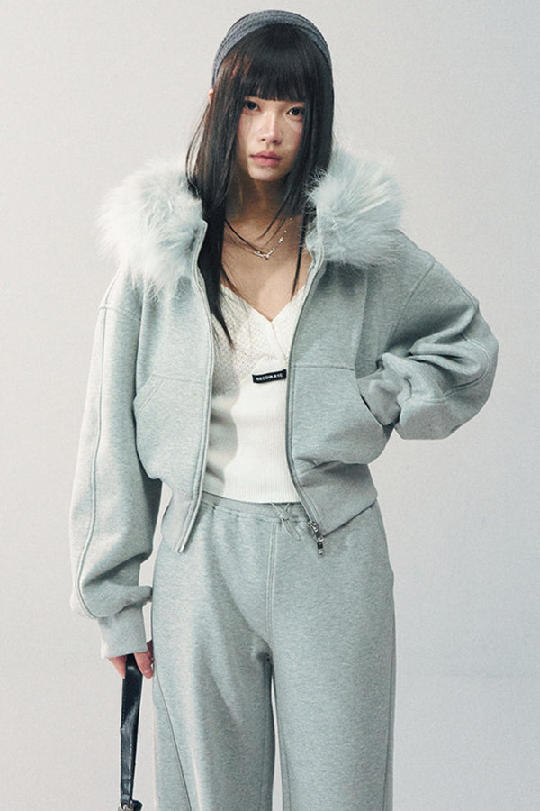 Detachable Fur Collar Sweatshirt Jacket Set-Up