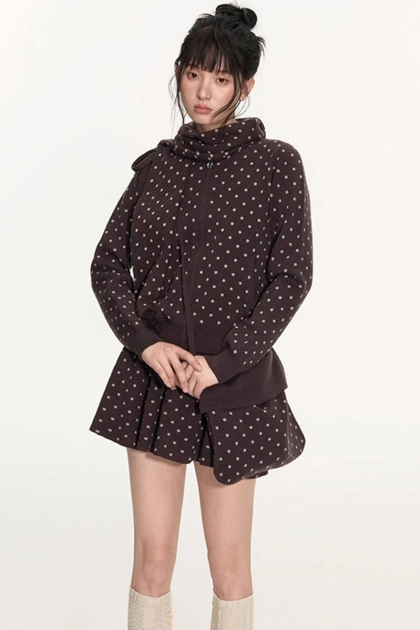 Polka Dot Hooded Knit Sweater Skirt Set-Up