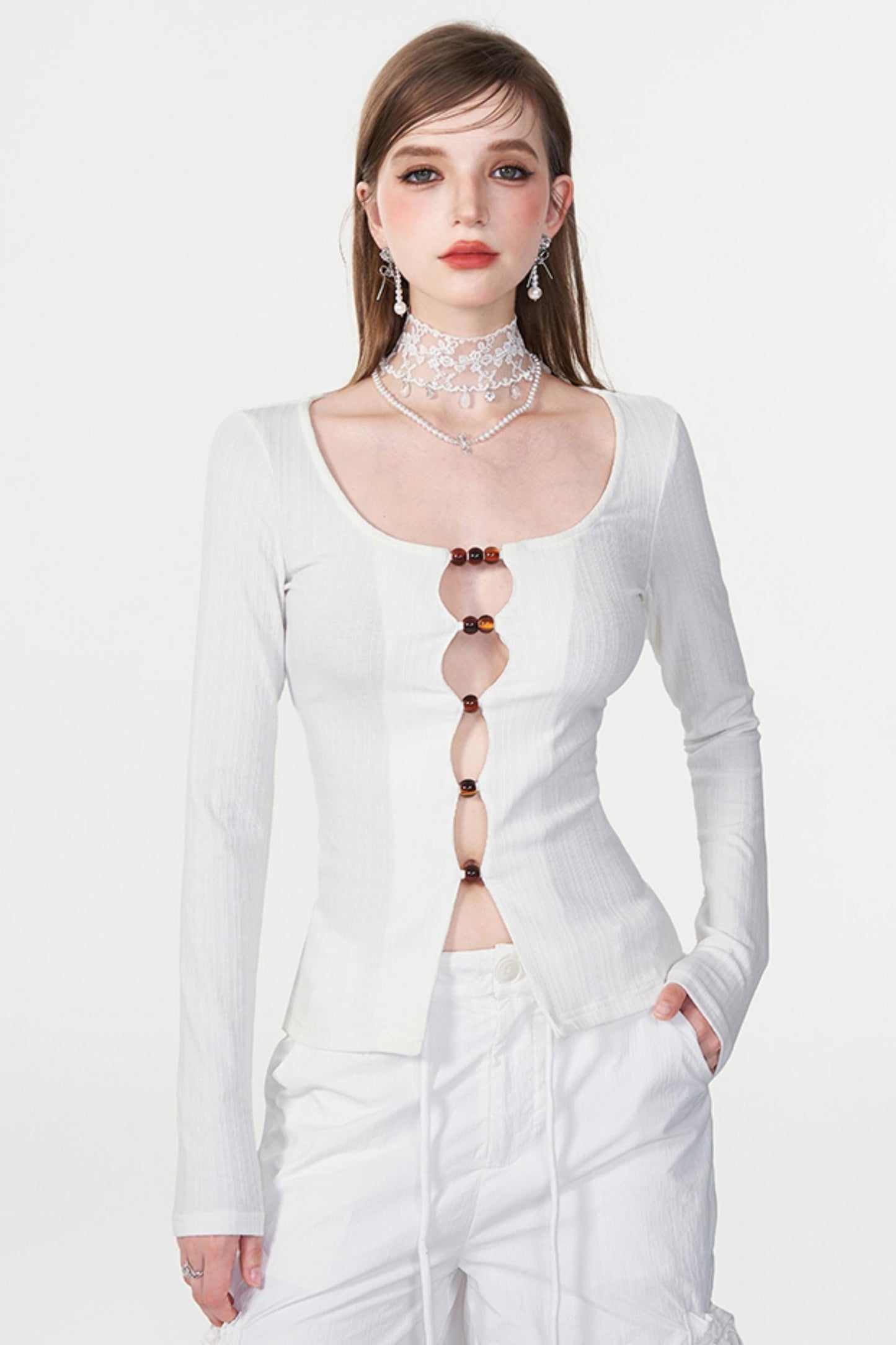 Color Beaded U-Neck Long Sleeve Tee