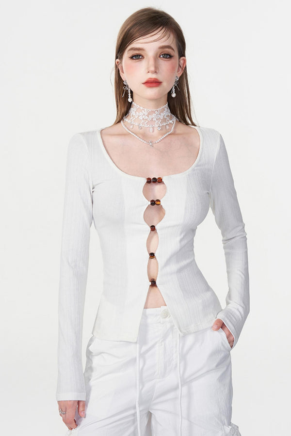 Color Beaded U-Neck Long Sleeve Tee