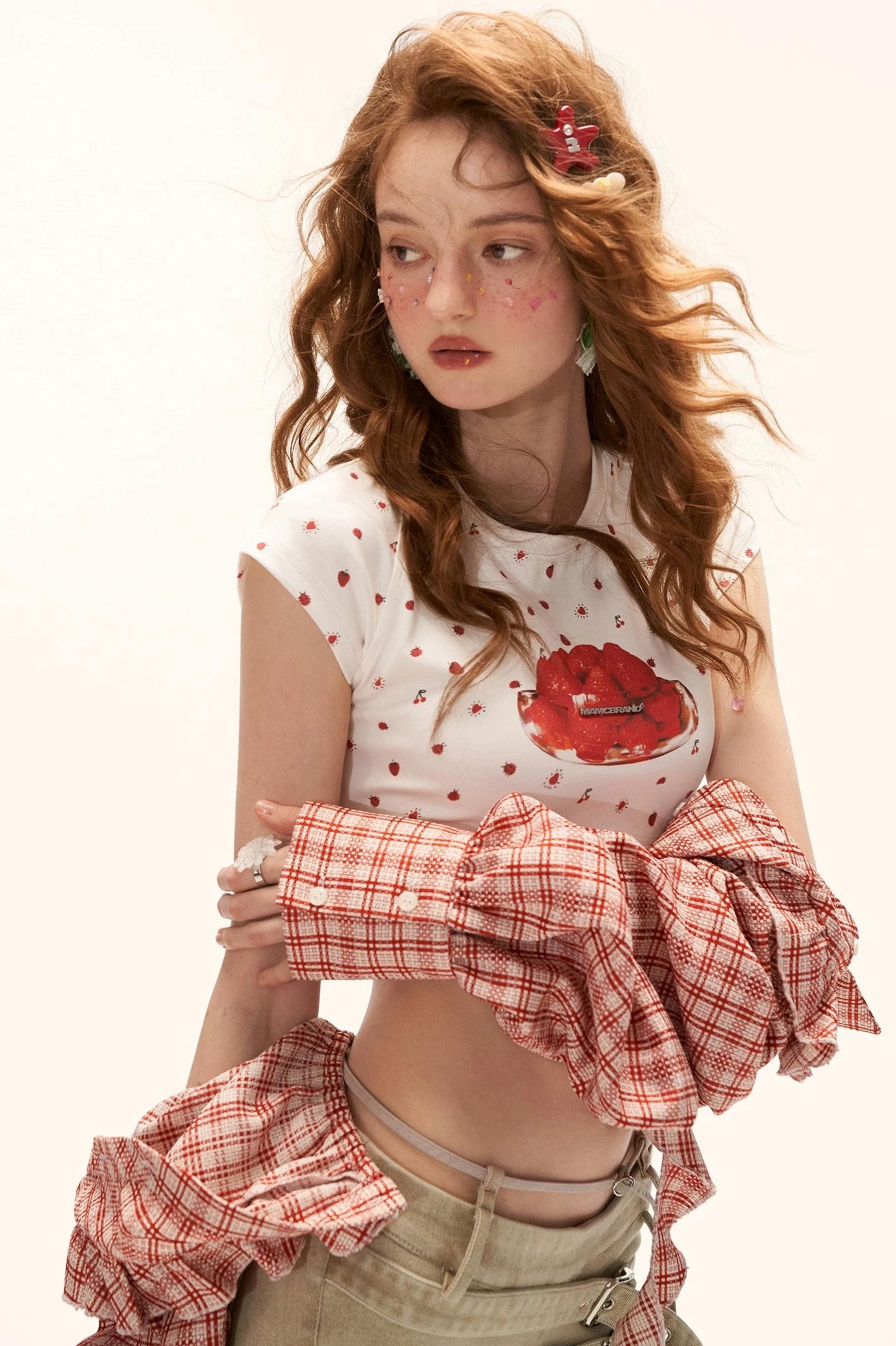 Cropped Plaid Off-Shoulder Blouse