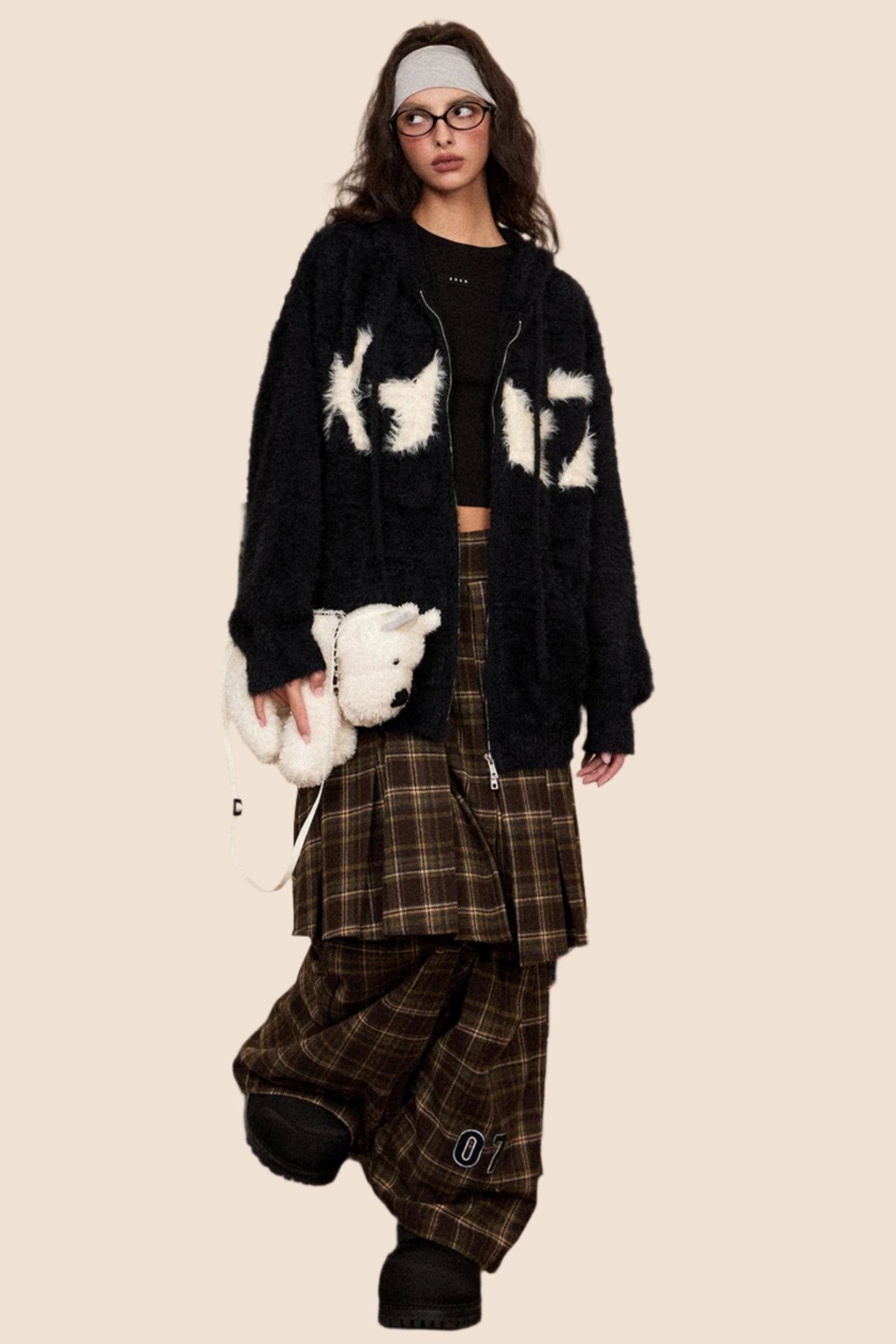 Casual Woolen Plaid Skirt And Pants Set-Up