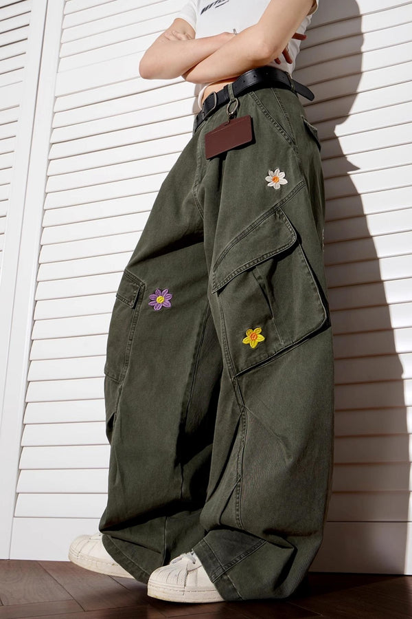 Floral Embroidered Wide-Leg Pants