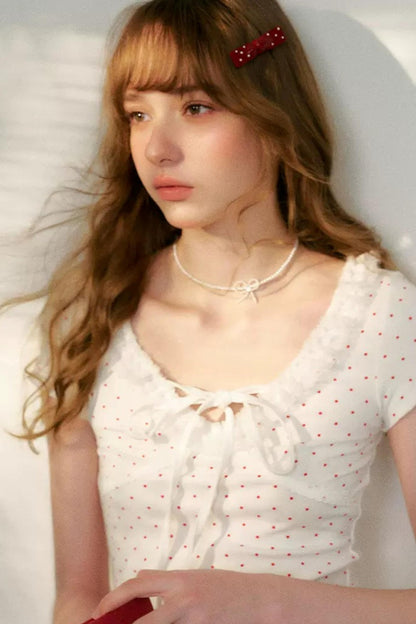 도트 레이스 브이넥 티셔츠 세트업