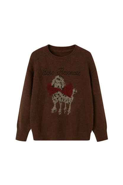 DIDDIMODA Original Design Bogen Hund Stickerei Pullover Herbst und Winter faulen Stil Rundhalsausschnitt gestrickten Pullover