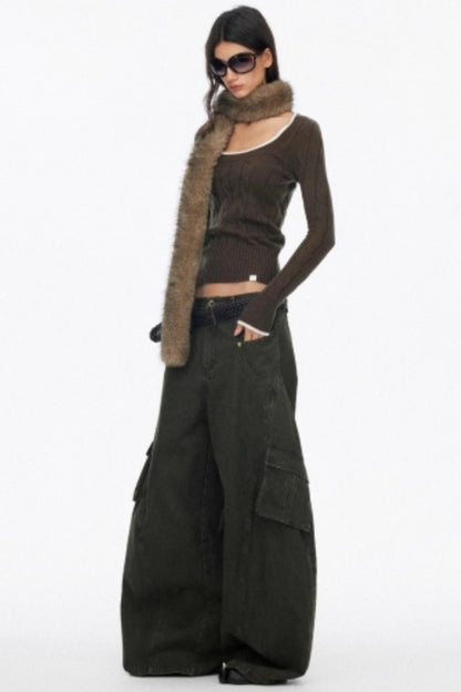 Distressed Washed Wide-Leg Scimitar Pants