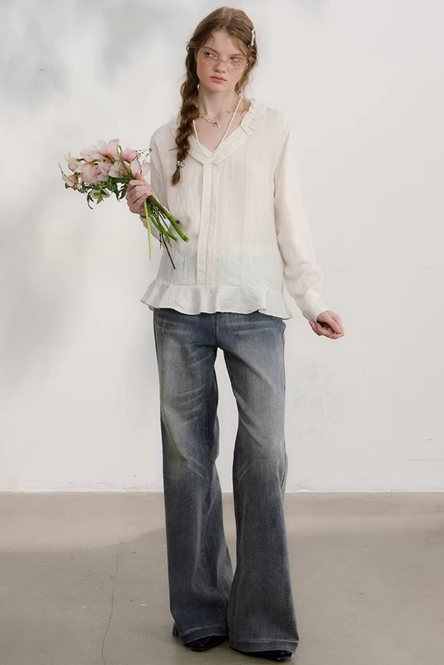 Striped Lace Sleeve Blouse