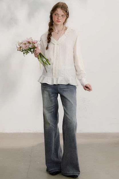 Striped Lace Sleeve Blouse