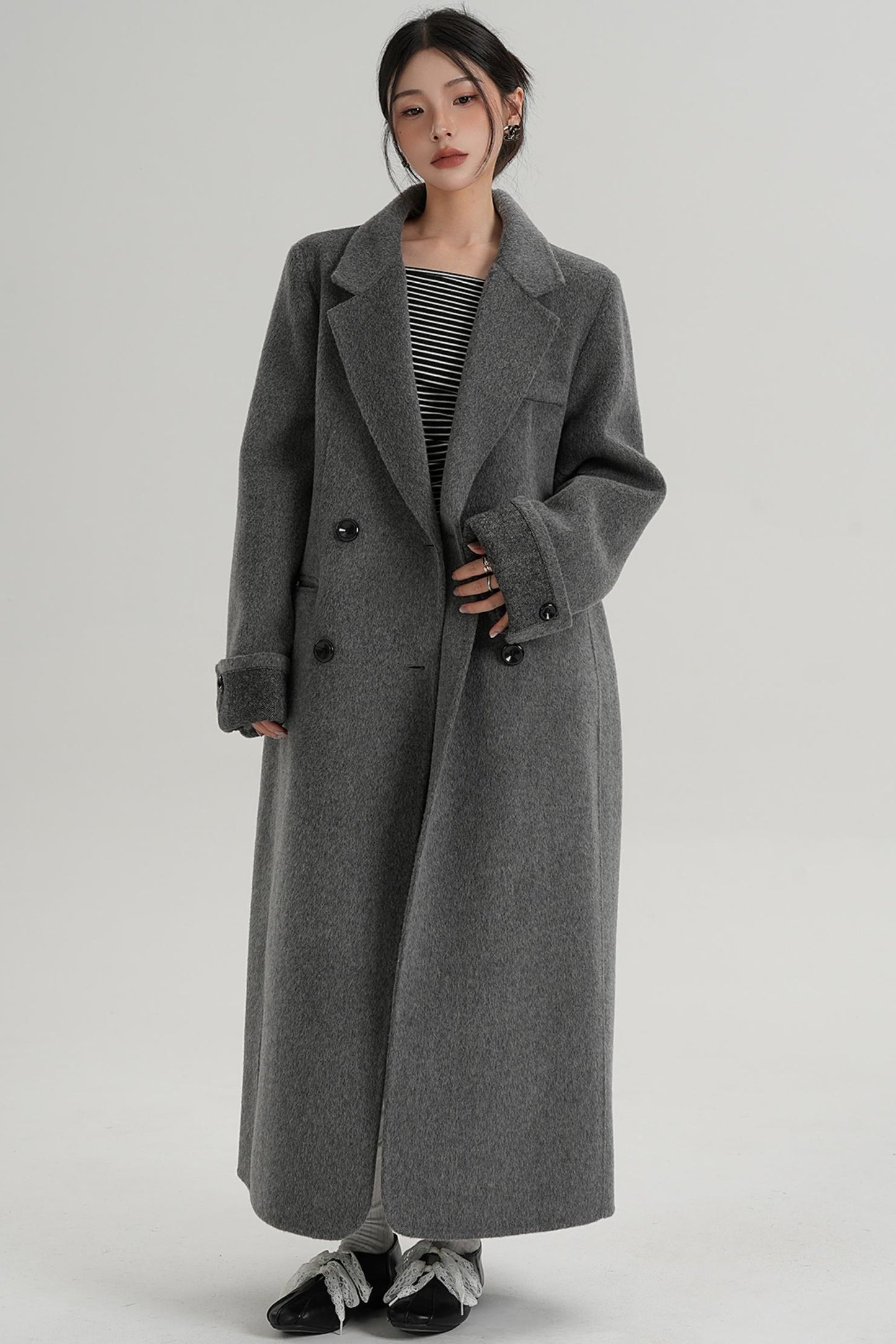 Turn-Sleeve Suit Collar Long Wool Coat
