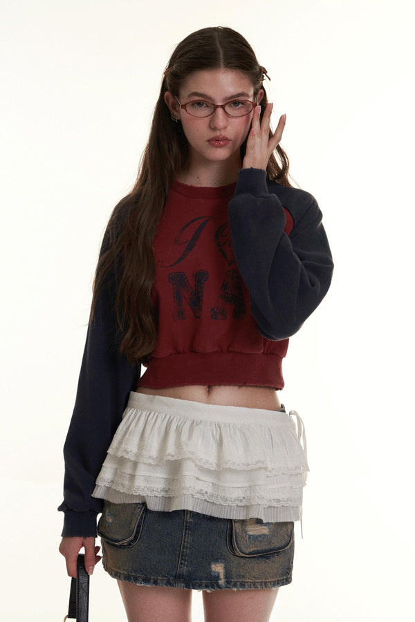 Retro Raglan-Ärmel Sweatshirt mit Kontrastdruck 