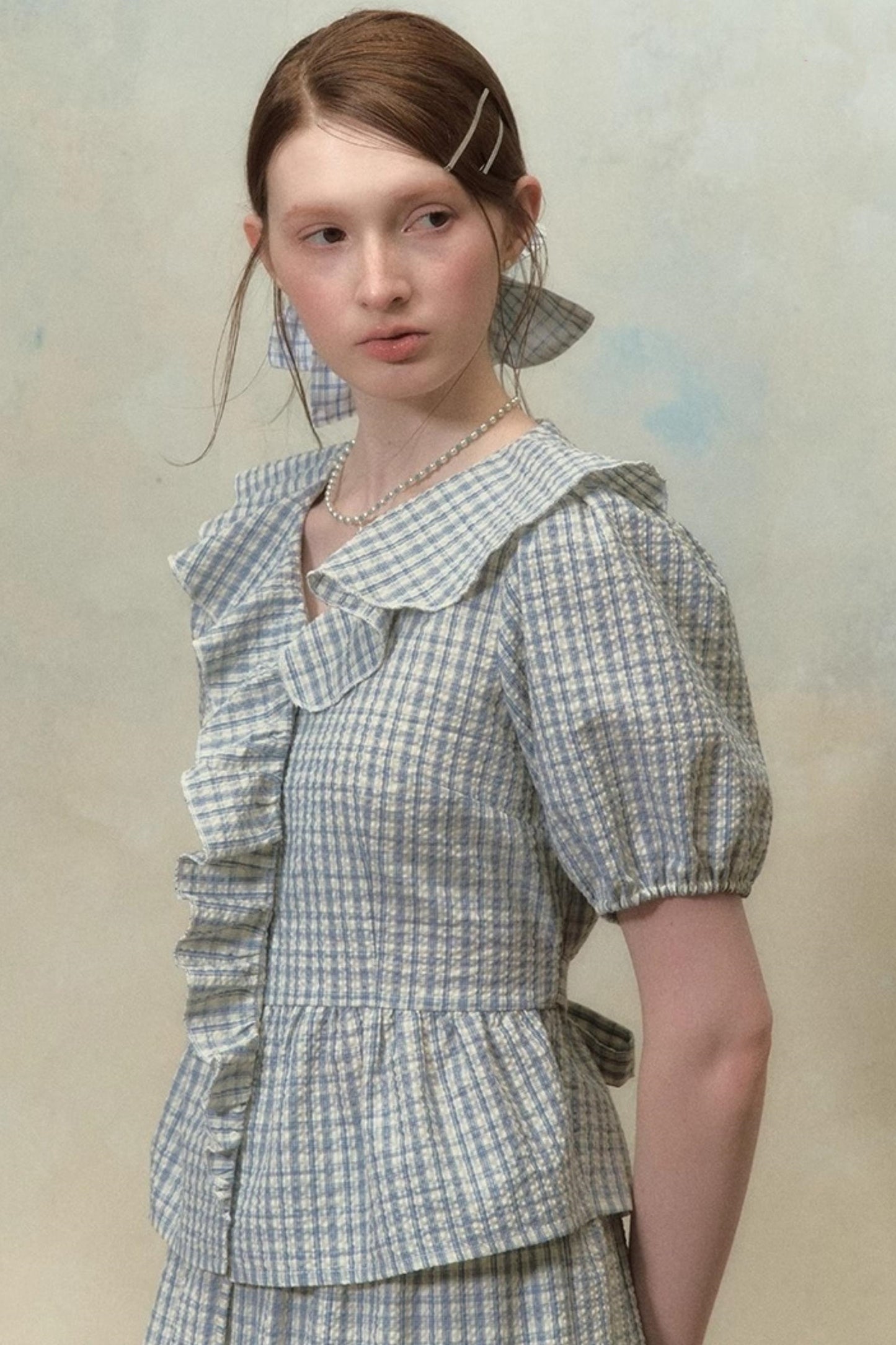 Plaid Ruffle Sleeve Blouse