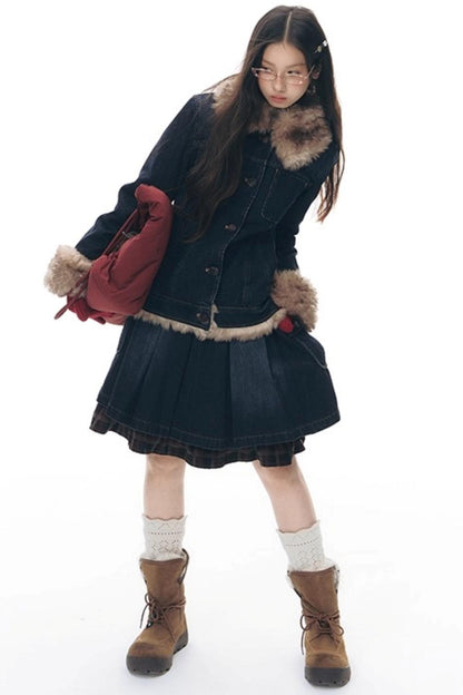 Detachable Fur Collar Denim Jacket Set-Up