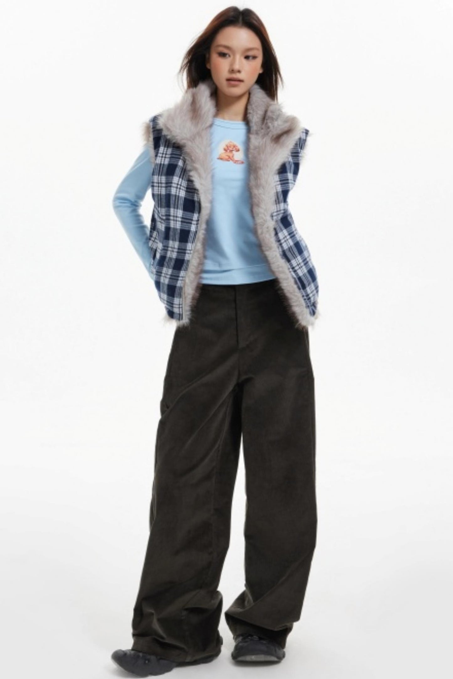 Plaid Lined Fur Vest Reversible Jacket