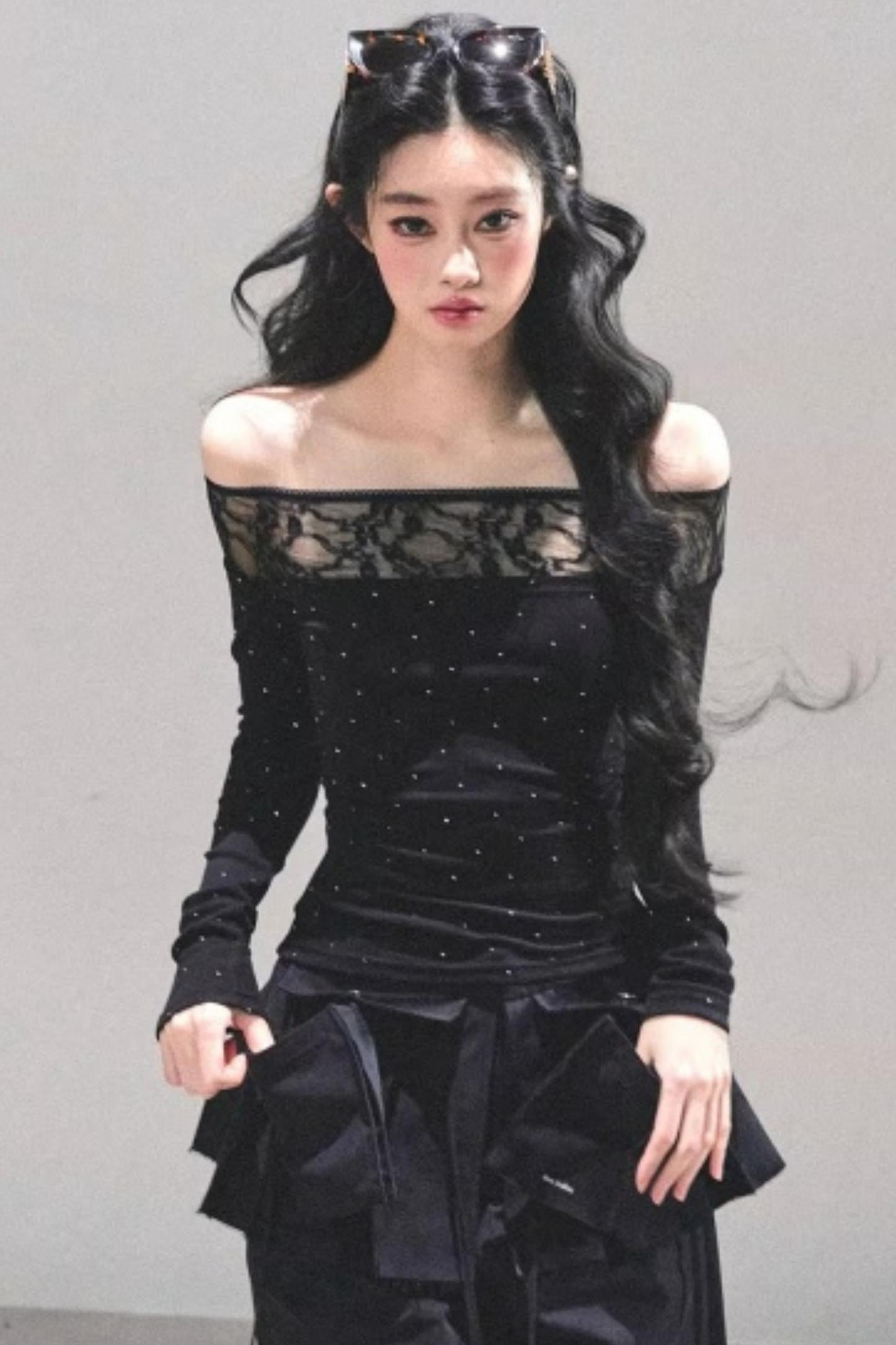 Lace Polka Dot One-Shoulder Top