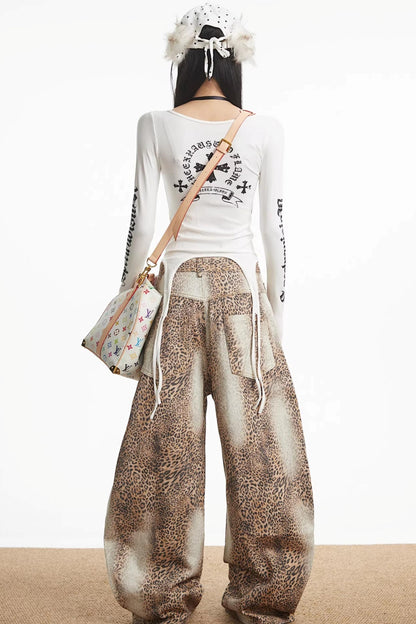 Retro Leopard Print Denim Pants