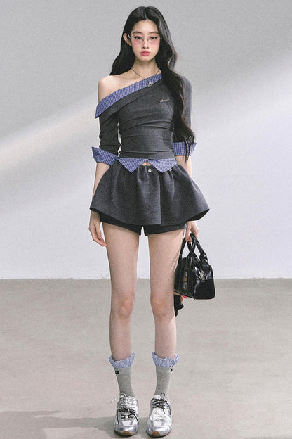 Gray Tone Slanted Shoulder Plaid T-shirt