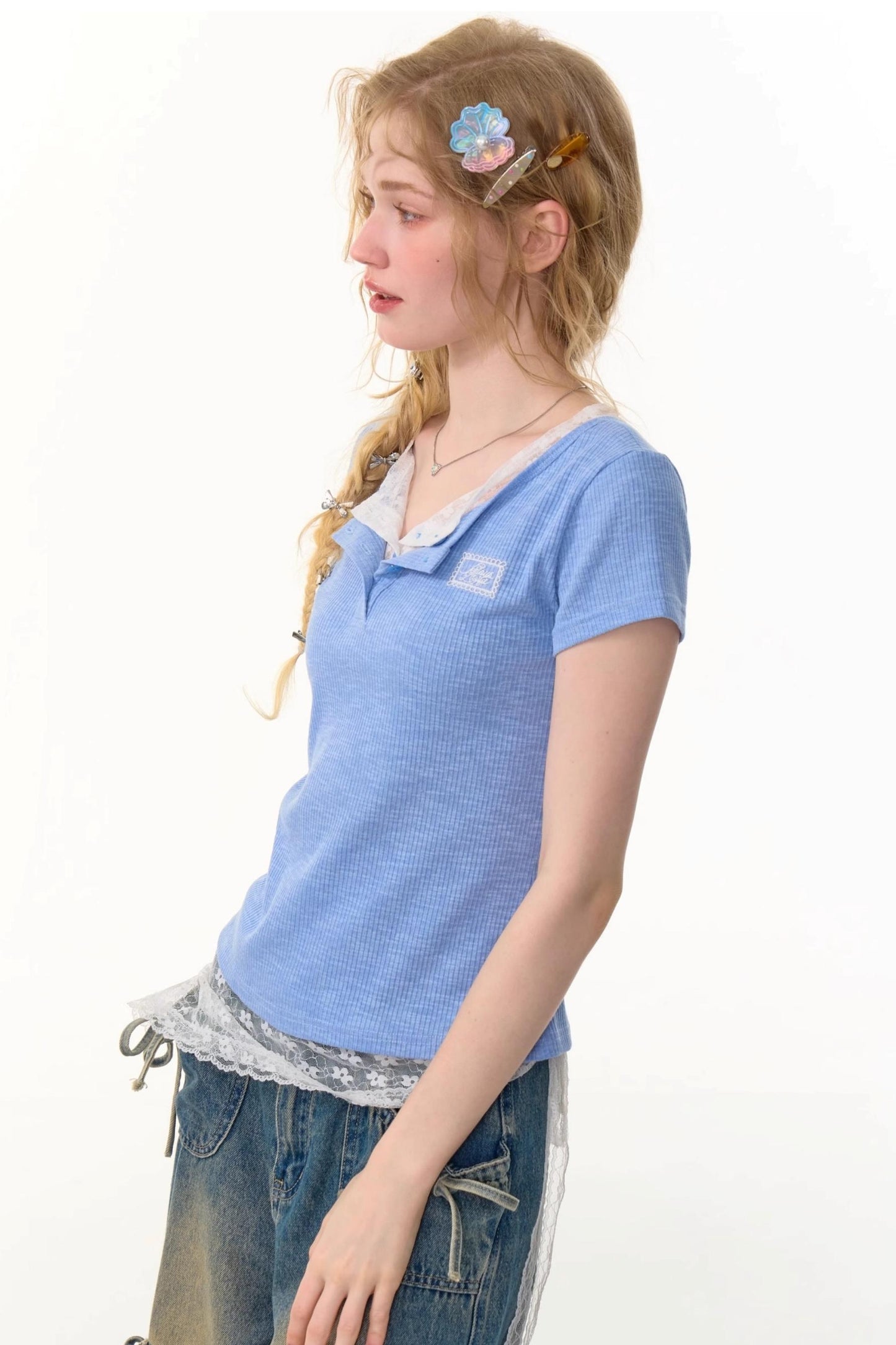 Lace Patchwork Fitted Two-Layer T-Shirt