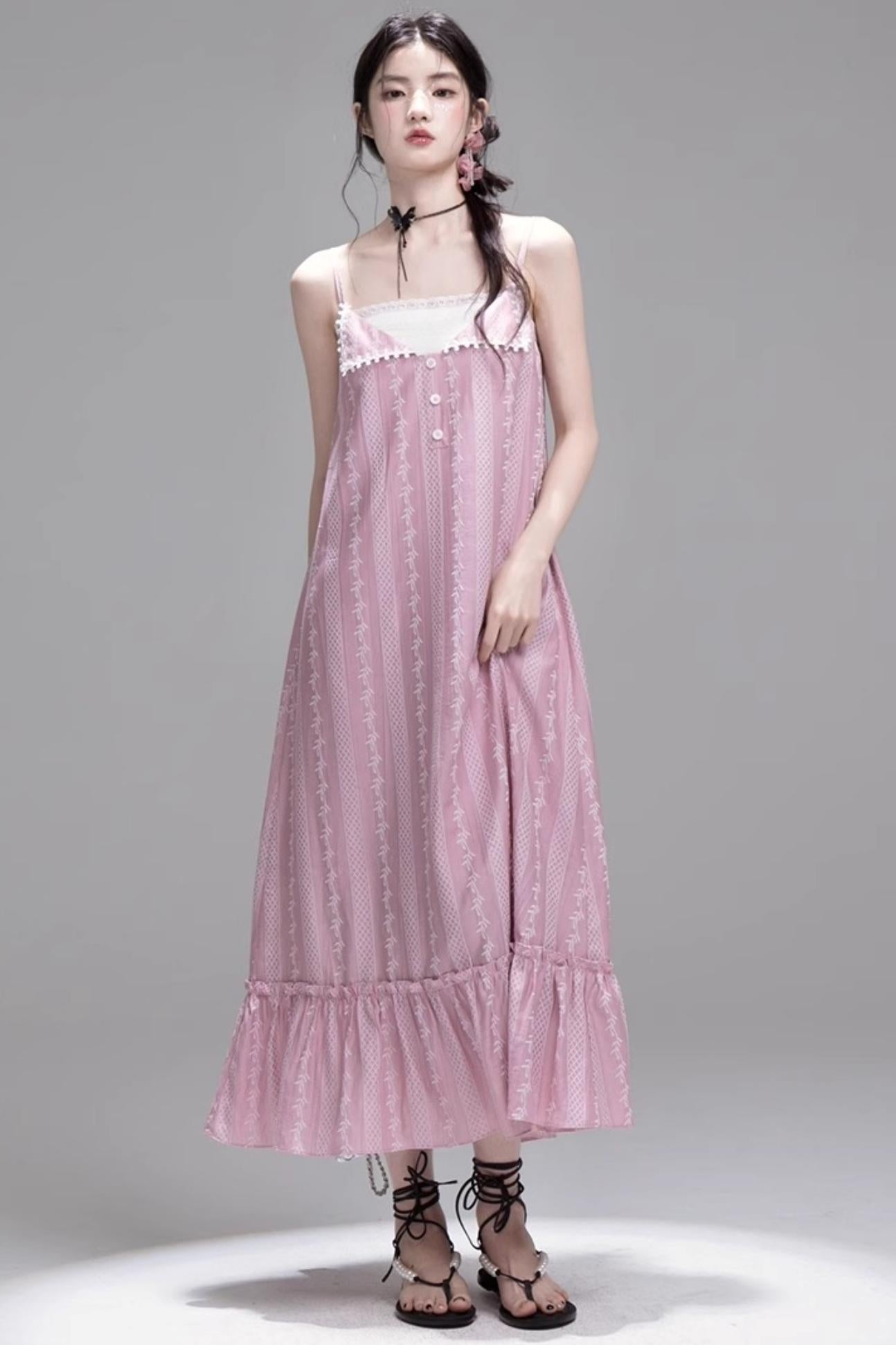 Peach Blossom Lace Suspenders Dress